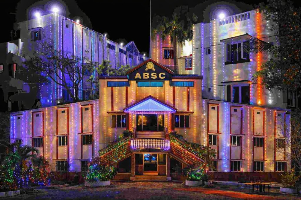 Campus Facilities - ABSC building with festive lights
